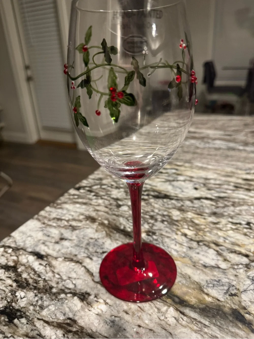 Hand-Painted Red Stem Wine Glass with Berry Vine Design